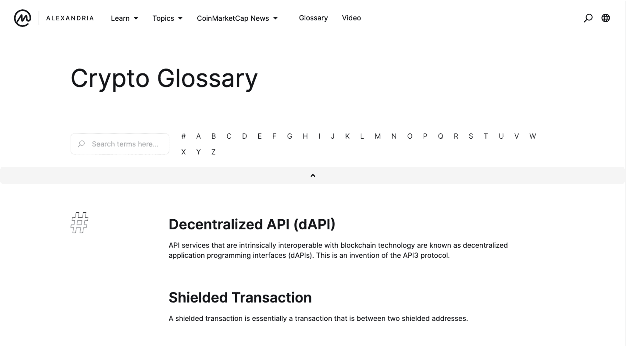 Giao diện bảng thuật ngữ của Coinmarketcap