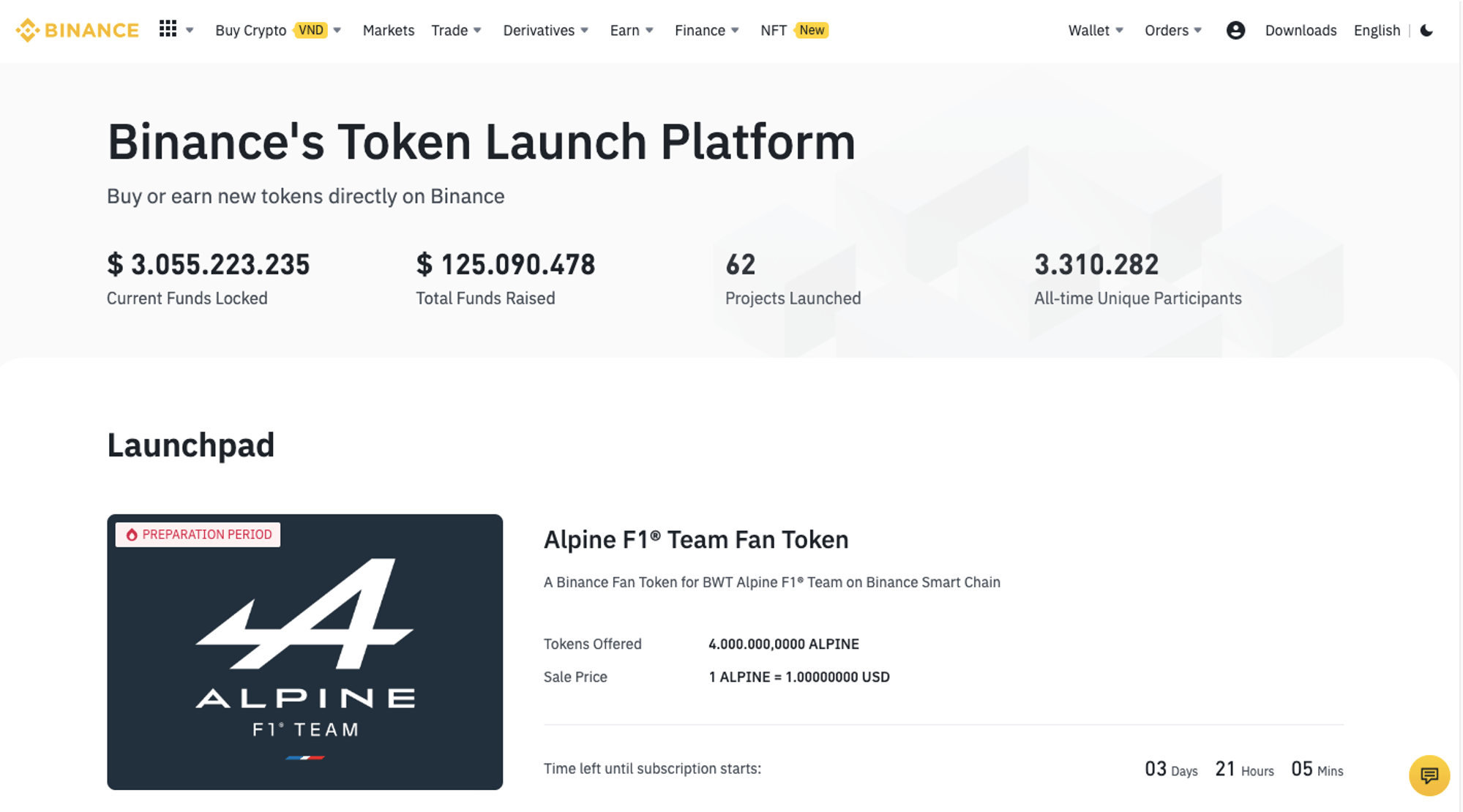 Giao diện Binance Launchpad