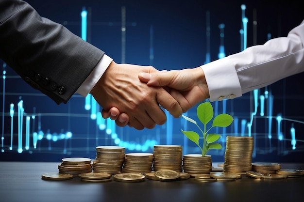 Business handshake for success deal with growth plant over step coin and info graph business | Premium AI-generated image