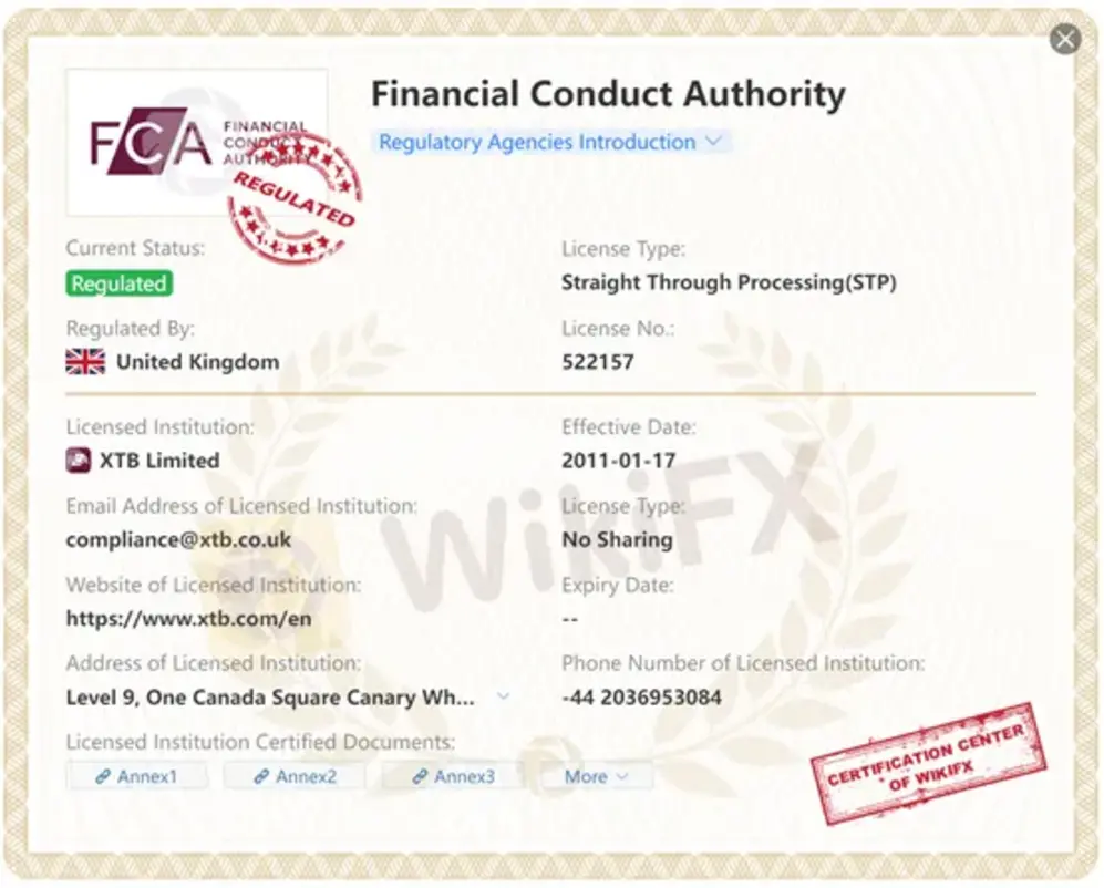 xtb broker regulatory certificates licenses compliance proof
