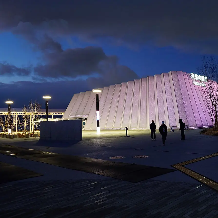Expo site with futuristic buildings